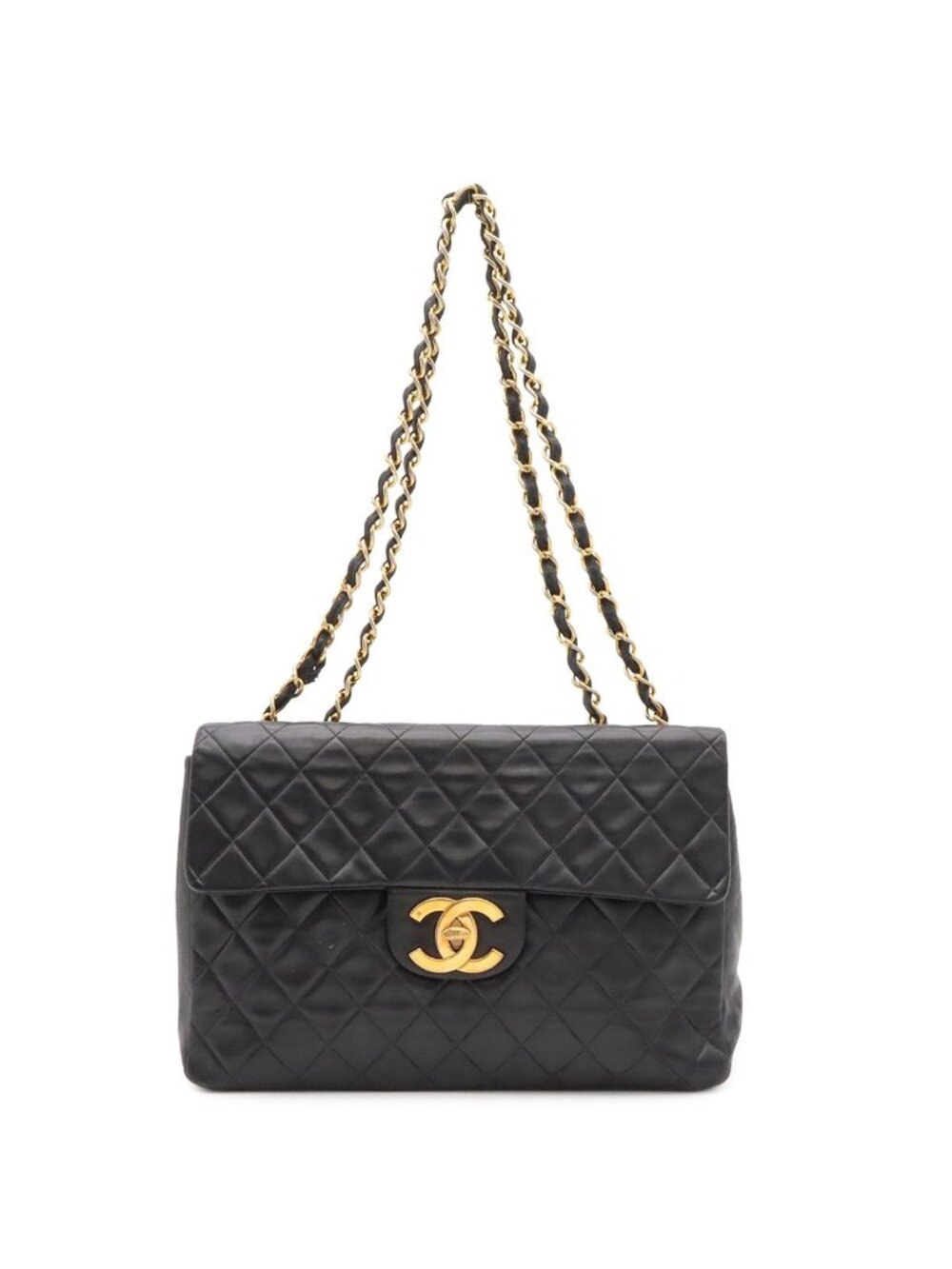 Chanel Maxi Quilted 34 CC Logo Chain Shoulder Bag 2-Way Leather Black Gold